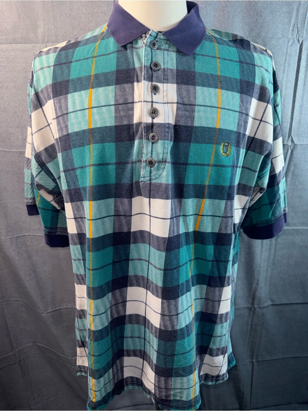 1534-Vintage Siegfried Teal Plaid Short-Sleeve Polo Shirt with Navy Collar